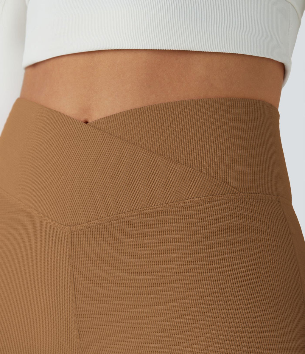 Pantalon décontracté évasé en maille gaufrée, taille haute, avec poches croisées