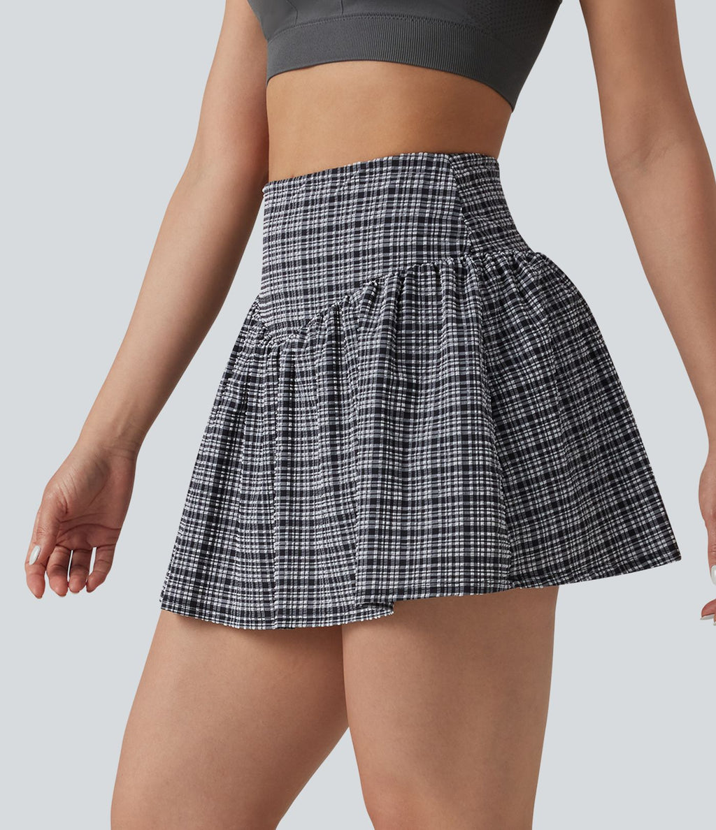 Jupe de tennis courte 2-en-1 trapèze taille haute à carreaux en tissu froissé séchage rapide avec poches