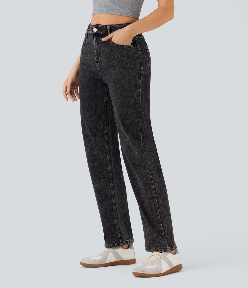 Halara Flex™ Jean droit extensible à taille haute avec bouton, fermeture éclair et poches multiples