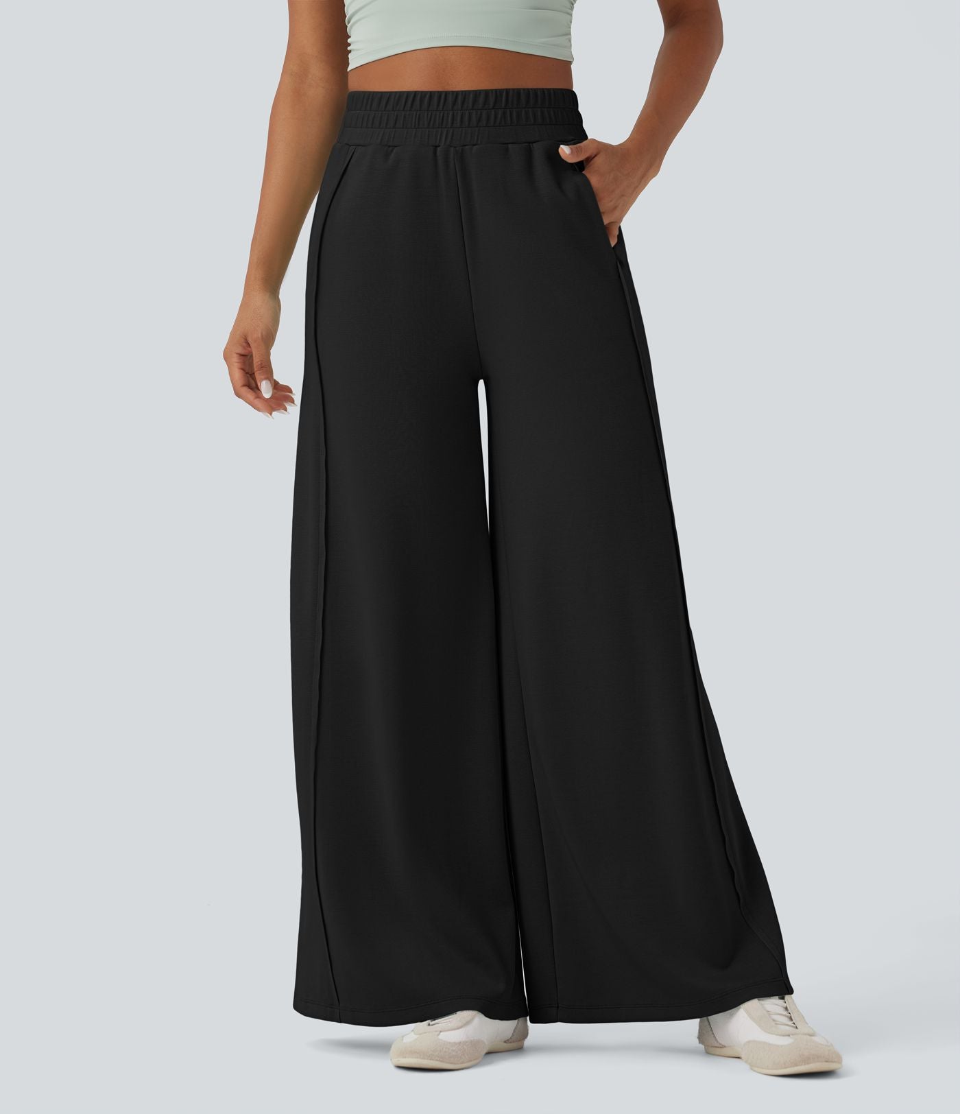 Pantalon décontracté micro gaufré jambe large taille haute avec poches