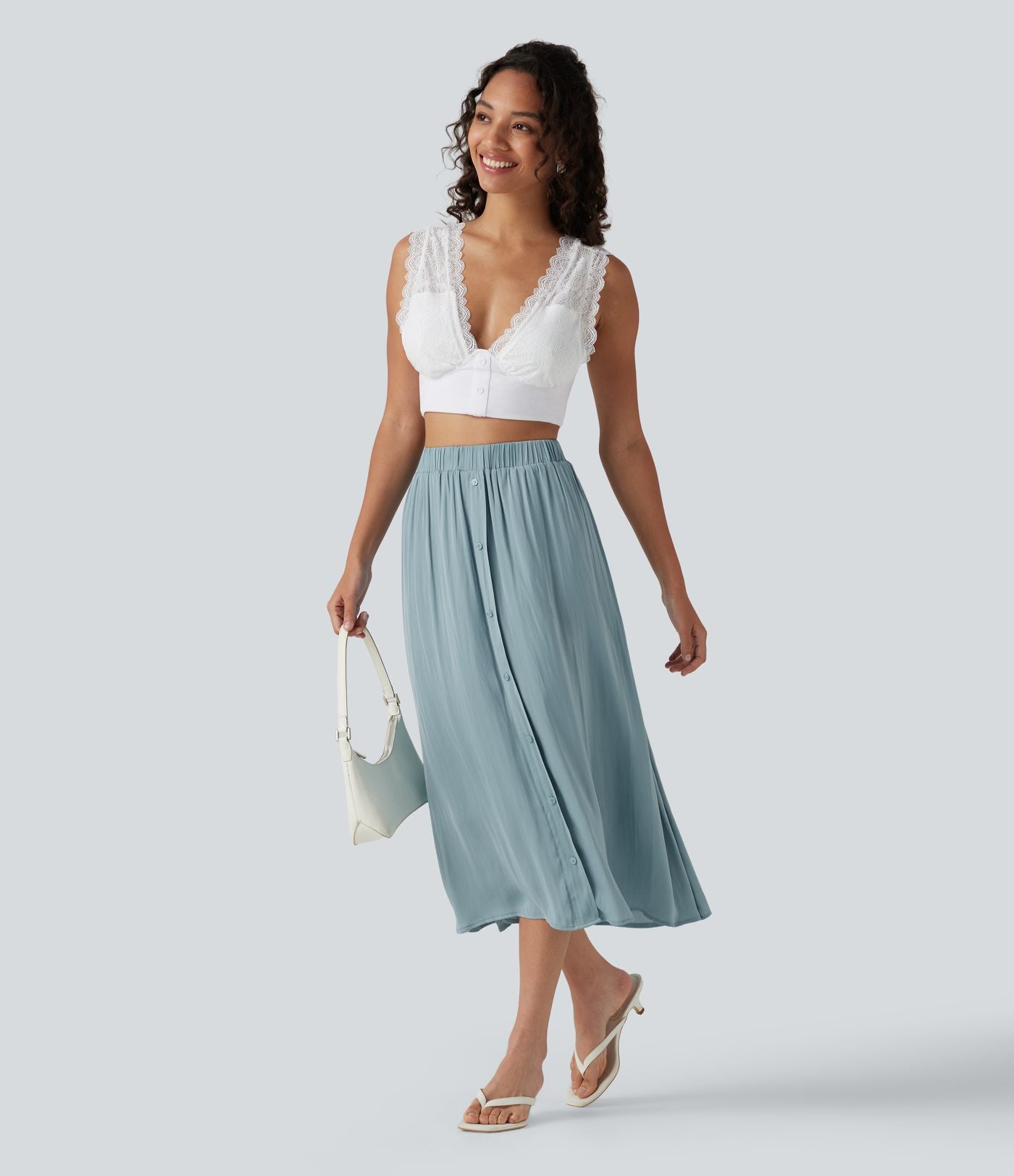 Jupe midi trapèze fluide, taille haute, décontractée