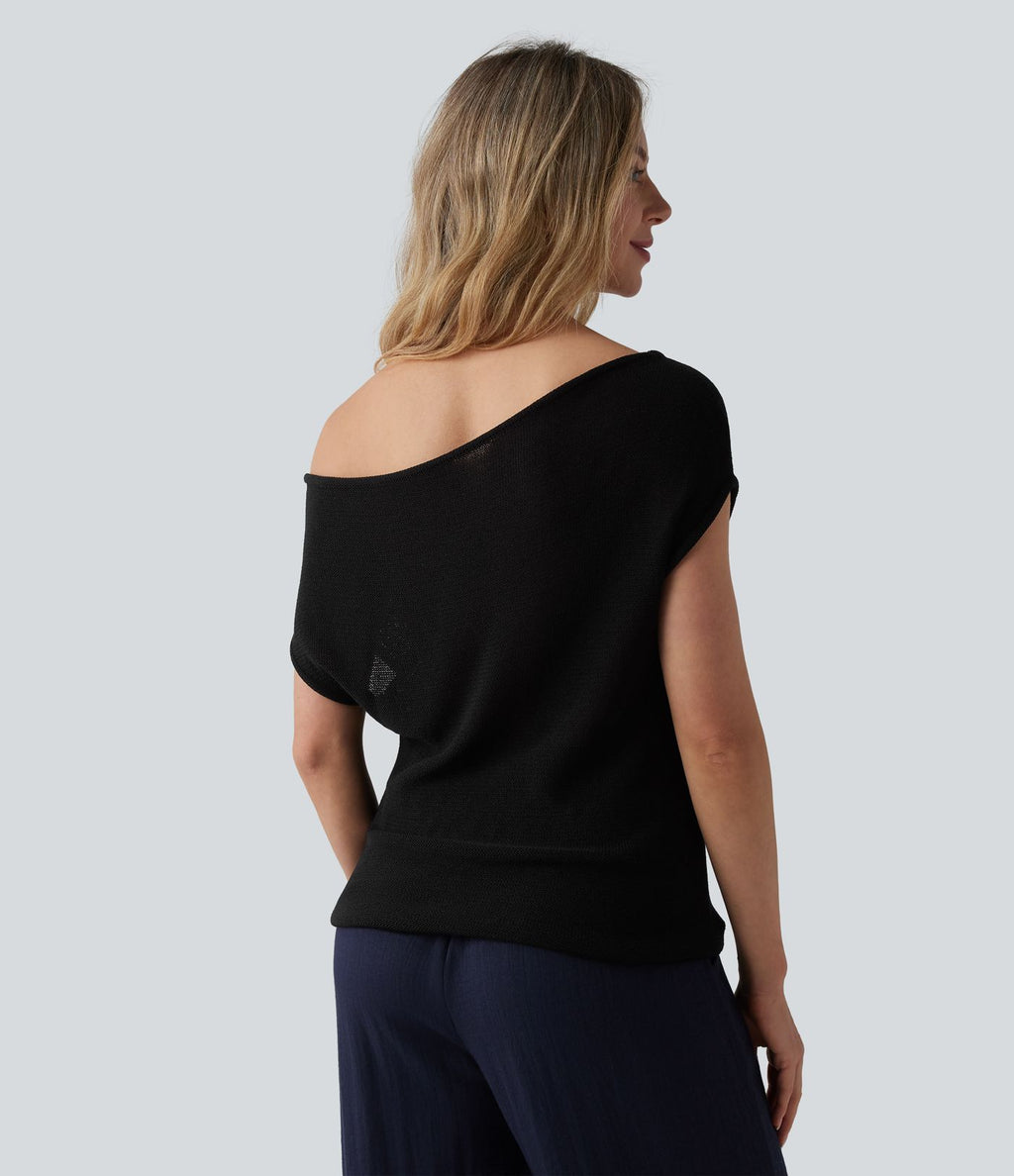 Pull décontracté épaules dénudées manches courtes