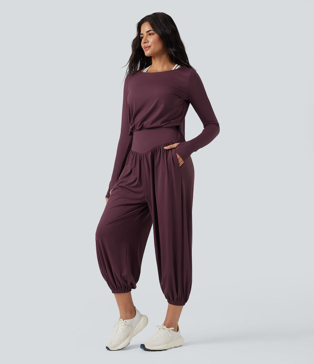 Combinaison de yoga SoftlyZero™ aérée dos découpé manches longues à trous pouces avec poches - Easy Peasy