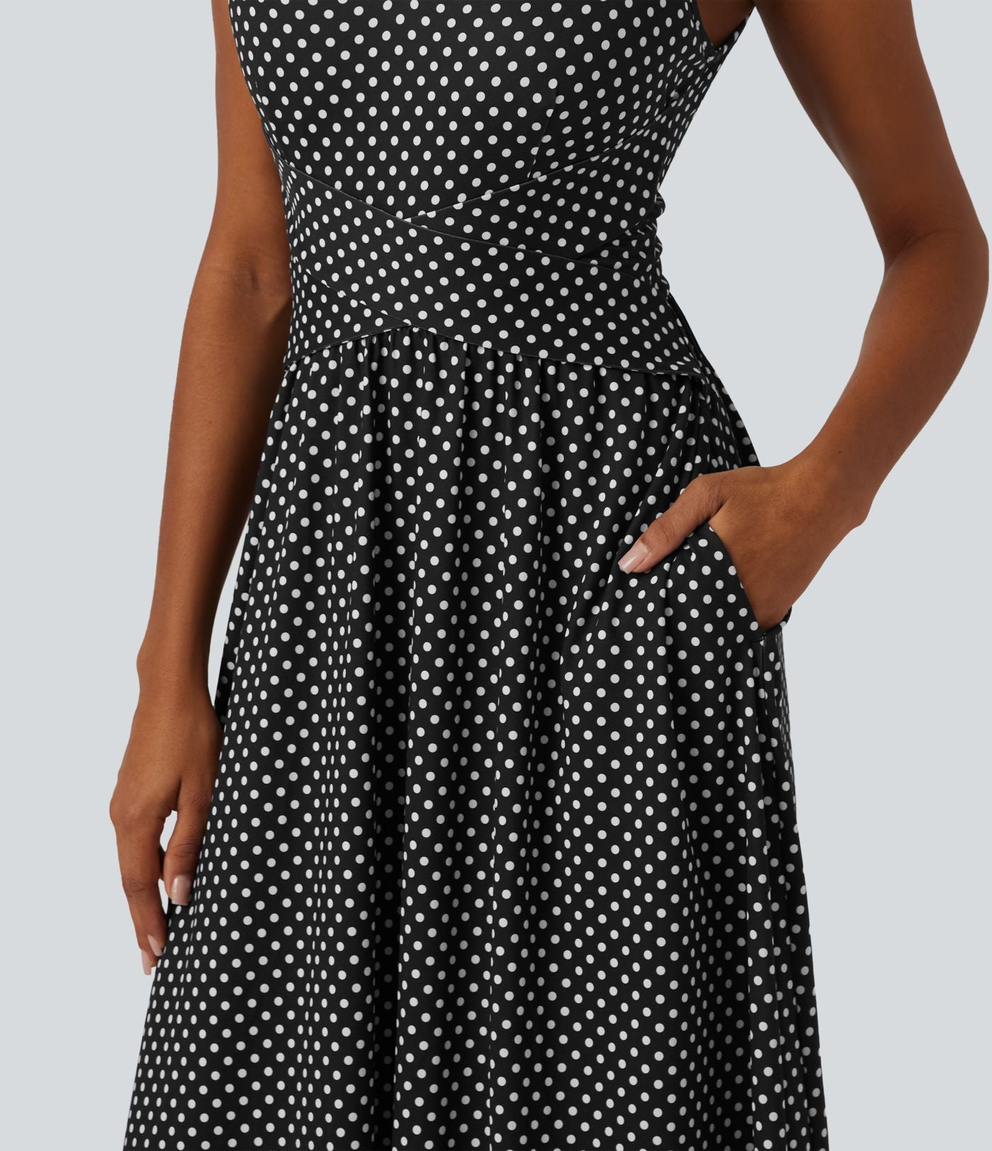 Robe midi casual fluide à pois sans manches dos nu avec brassière intégrée croisée et poches - Bonnets DD-F
