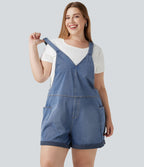 Salopette-short délavée grande taille en Jean Halara Flex™ Denim à col V avec ourlets retroussés et poches