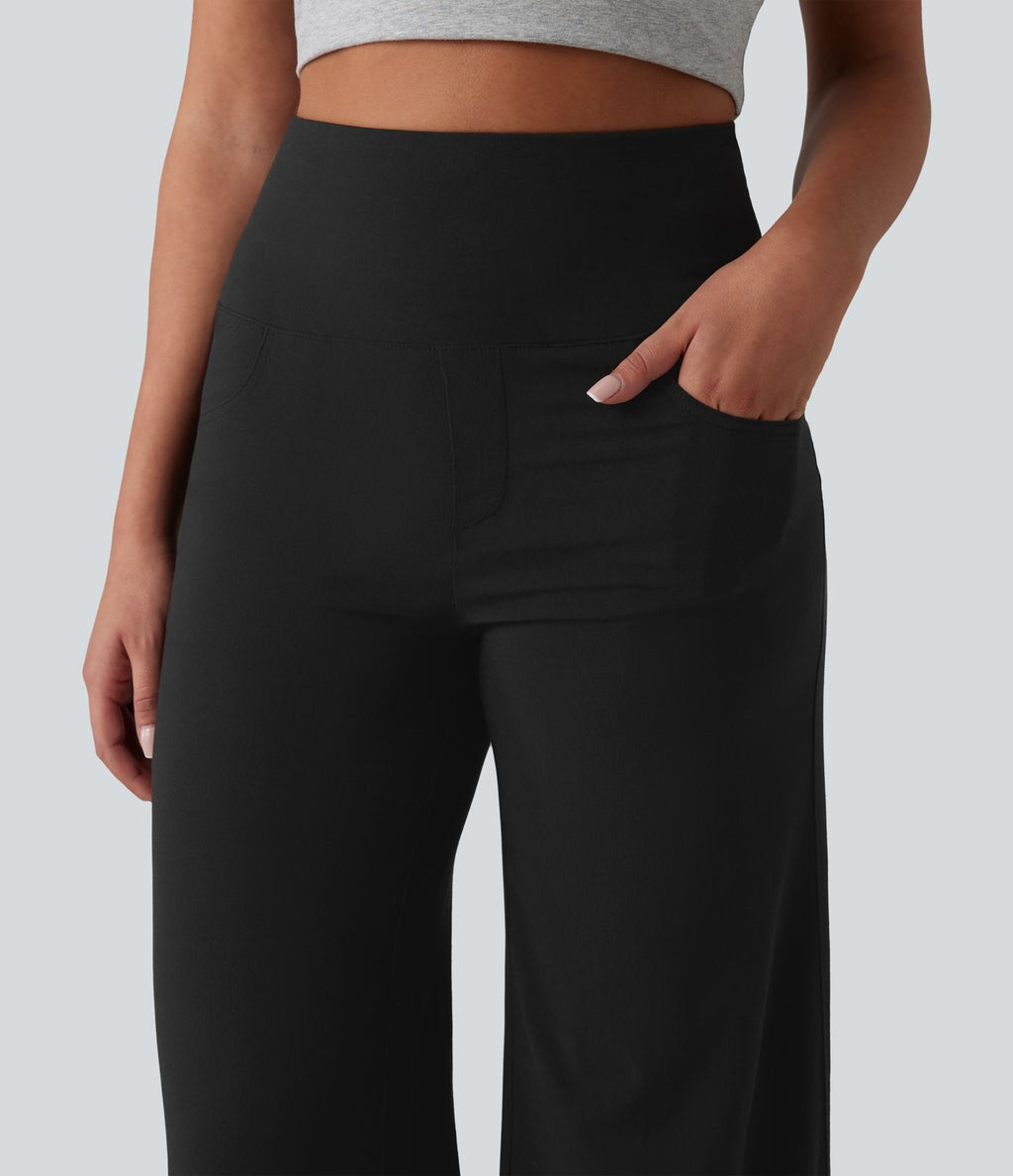 Pantalon large casual en lin stretch taille haute ventre plat avec poches