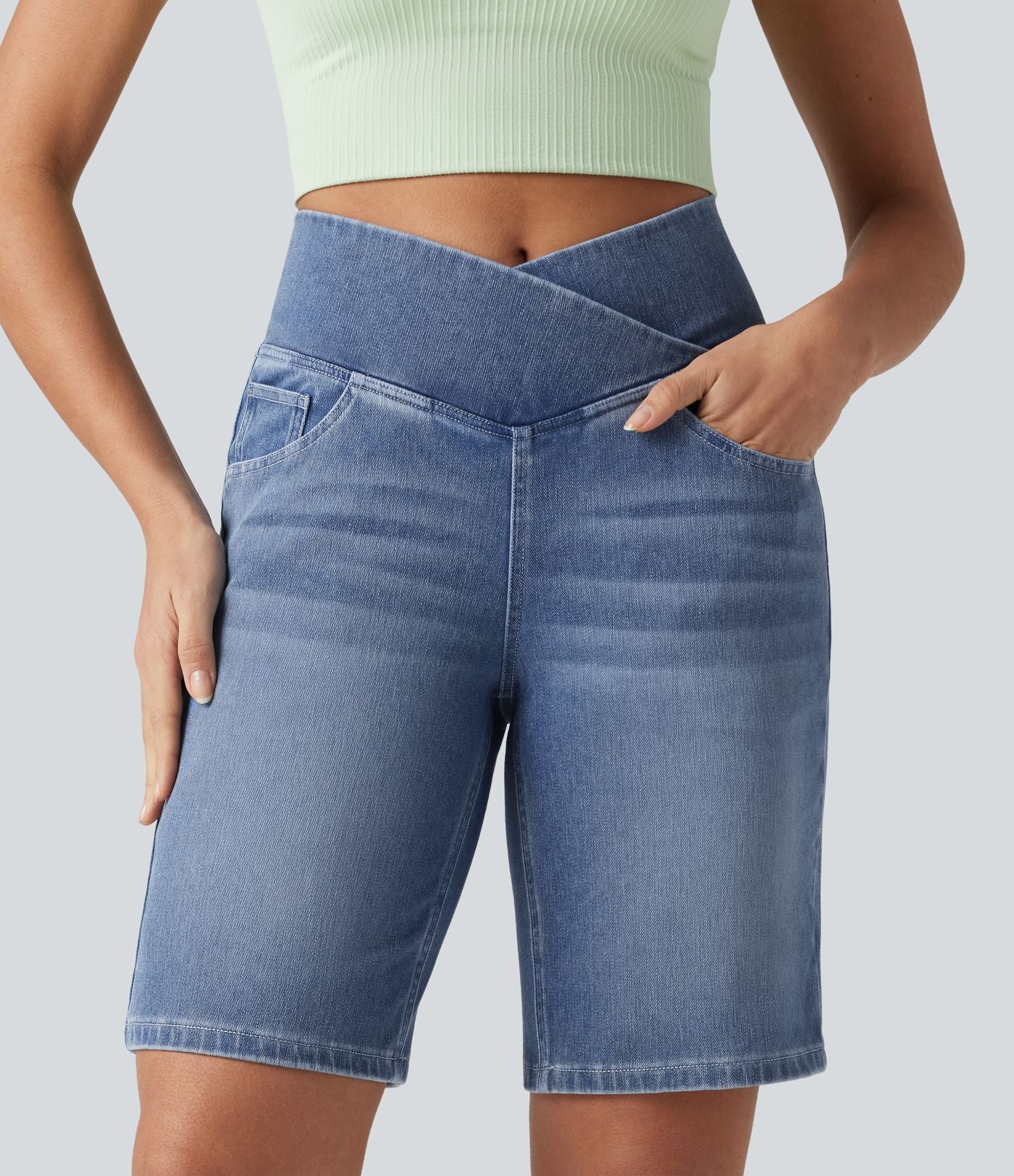 Short en jean Halara Flex™ casual gainant taille haute croisée avec poches