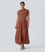 Robe longue décontractée à col montant, manches courtes et poches latérales