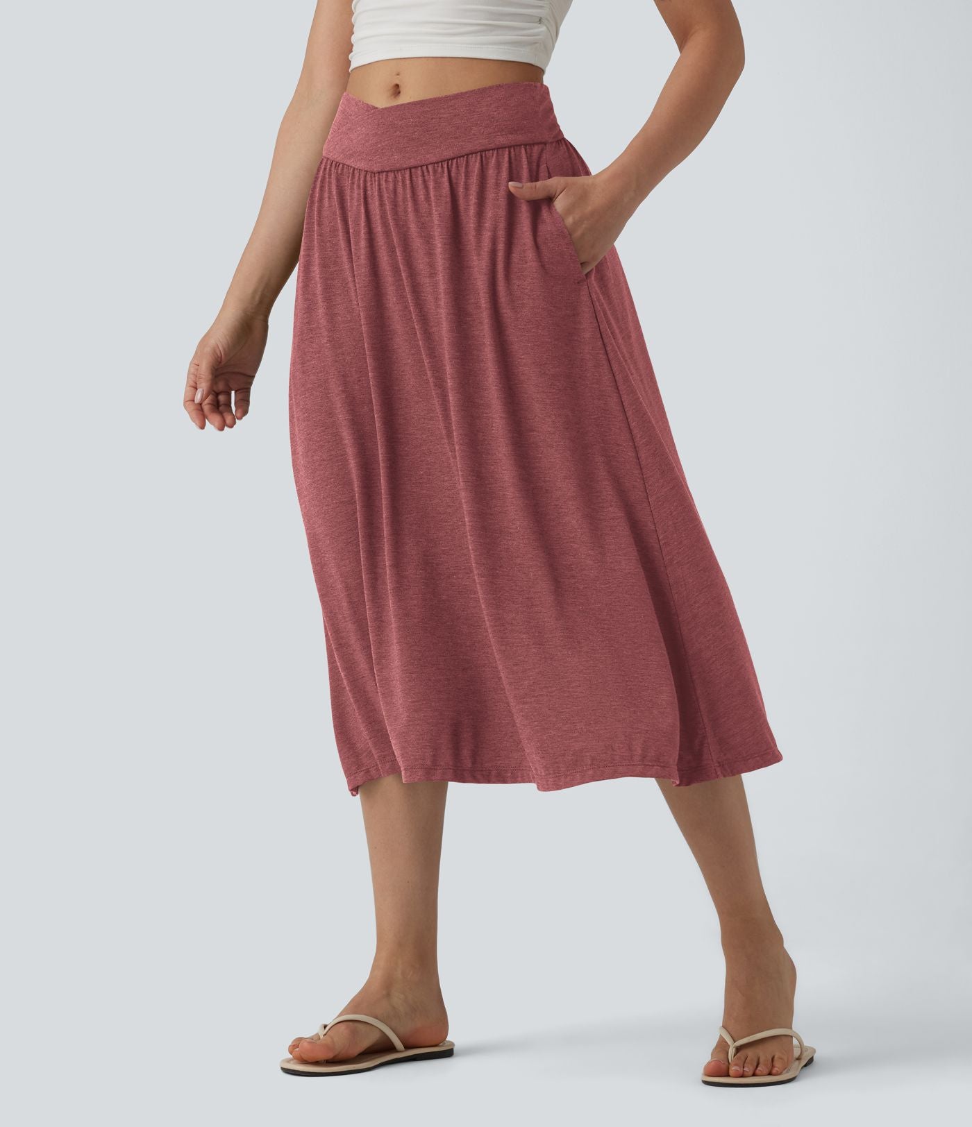 Jupe midi casual fluide croisée taille haute avec poches