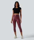 Legging corsaire casual taille haute extensible en simili cuir avec poches