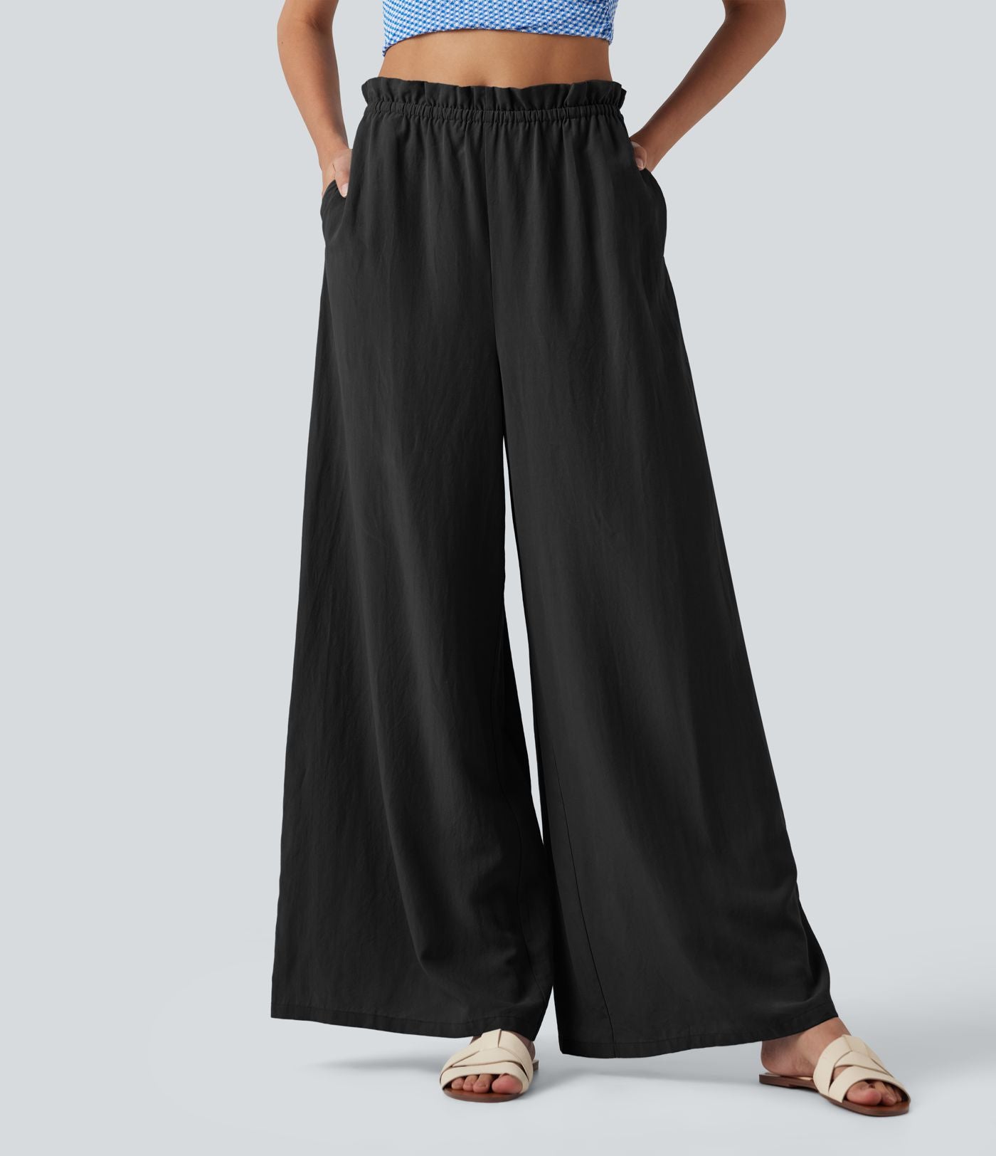 Pantalon baggy fluide casual en mélange de lin taille mi-haute à volants avec cordon et poches