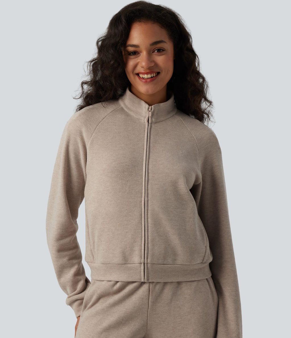Veste casual côtelée à col montant, manches longues et fermeture zippée avec poches