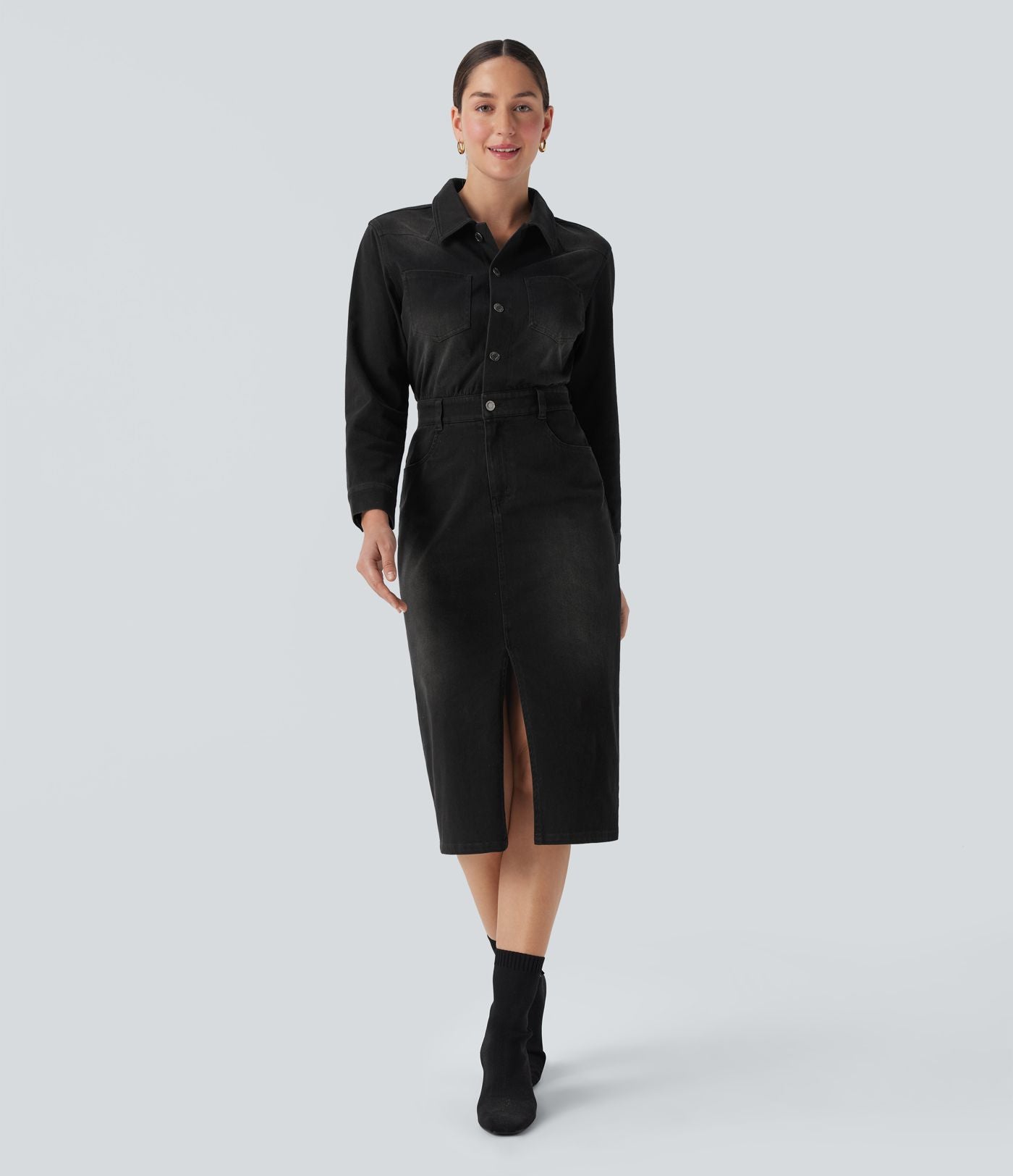 Robe chemise midi casual denim Halara Flex™ manches longues avec poches