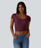T-shirt crop décontracté côtelé dos nu à nouer avec soutien-gorge intégré manches courtes