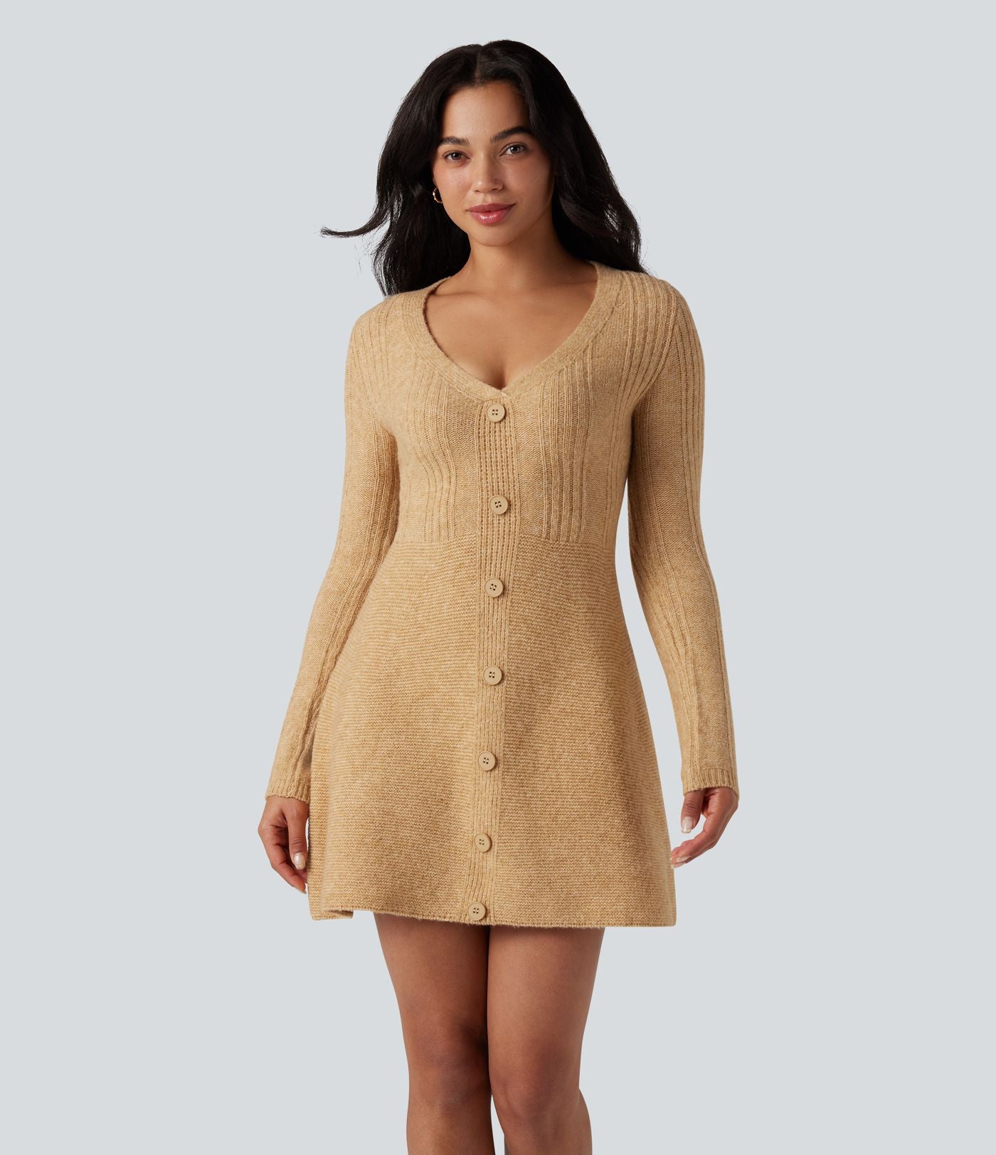 Robe pull courte col V manches longues