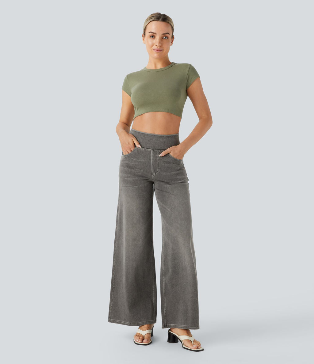 Halara Flex™ Jean Large Casual Taille Haute Poches Multiples Tricot Extensible Délavé