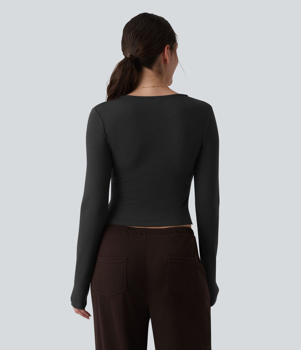 Top réchauffant casual Halara HeatCore col V manches longues croisé avec fronces