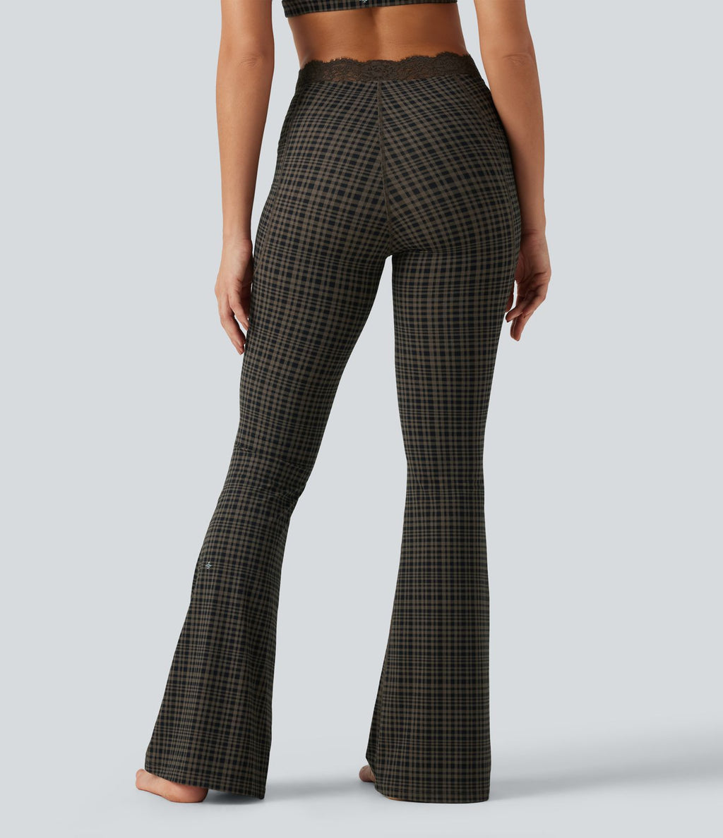Legging yoga flare Halara UltraSculpt™ taille haute en V à motif tartan avec dentelle contrastée et poches