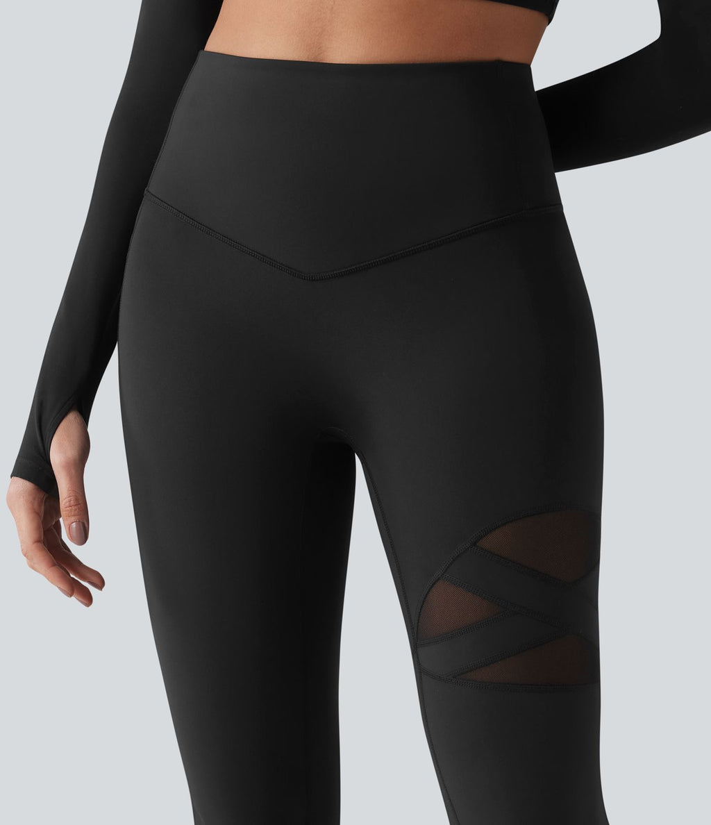 Legging évasé casual en maille respirante ventre plat taille haute avec poche