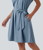 Robe mini esprit bureau défroissage facile, col V, ceinture, manches chauve-souris et poches