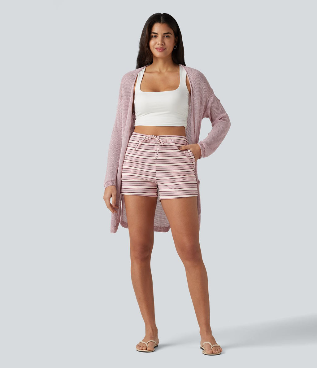 Short casual côtelé taille haute à rayures avec cordon de serrage et poches (7,5 cm)