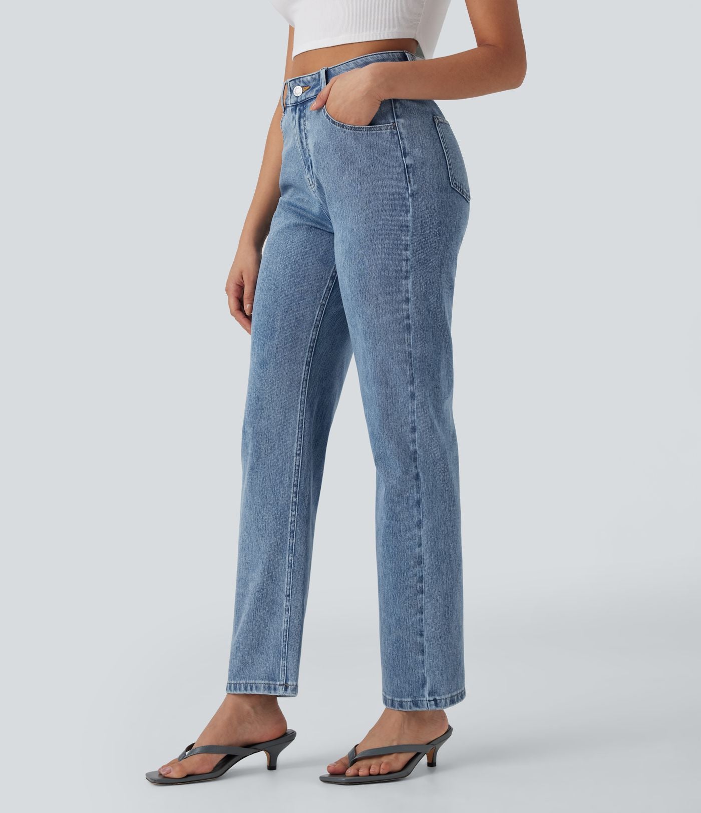 Halara Flex™ Jean droit extensible à taille haute avec bouton, fermeture éclair et poches multiples
