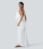 Robe Longue de Vacances avec Col V Dos Nu à Nouer et Fronces