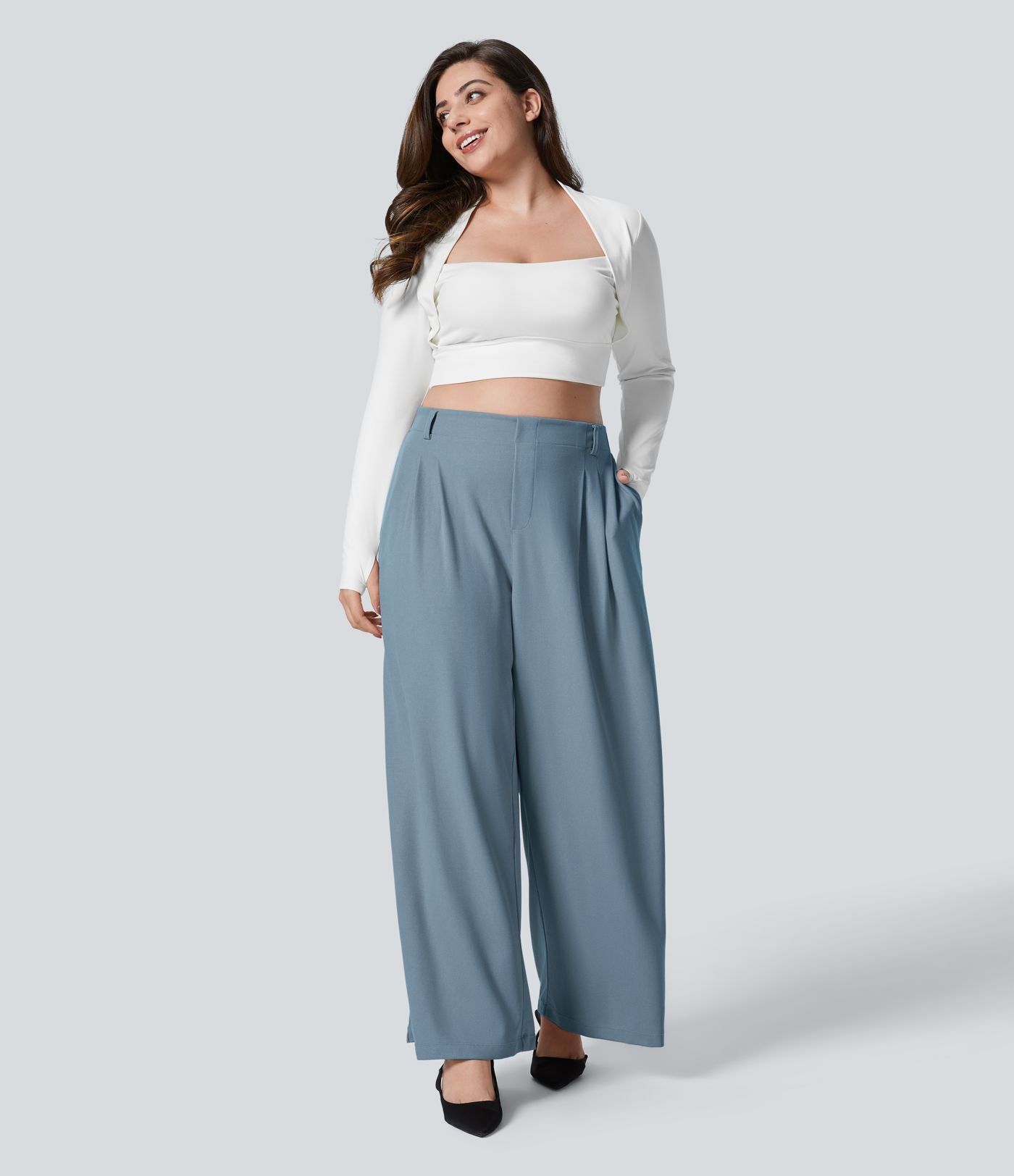 Halara Flex™ Pantalon tailleur Grande taille à Taille Haute, Poches Latérales Plissées, Jambes Larges, en Tissu Gaufré