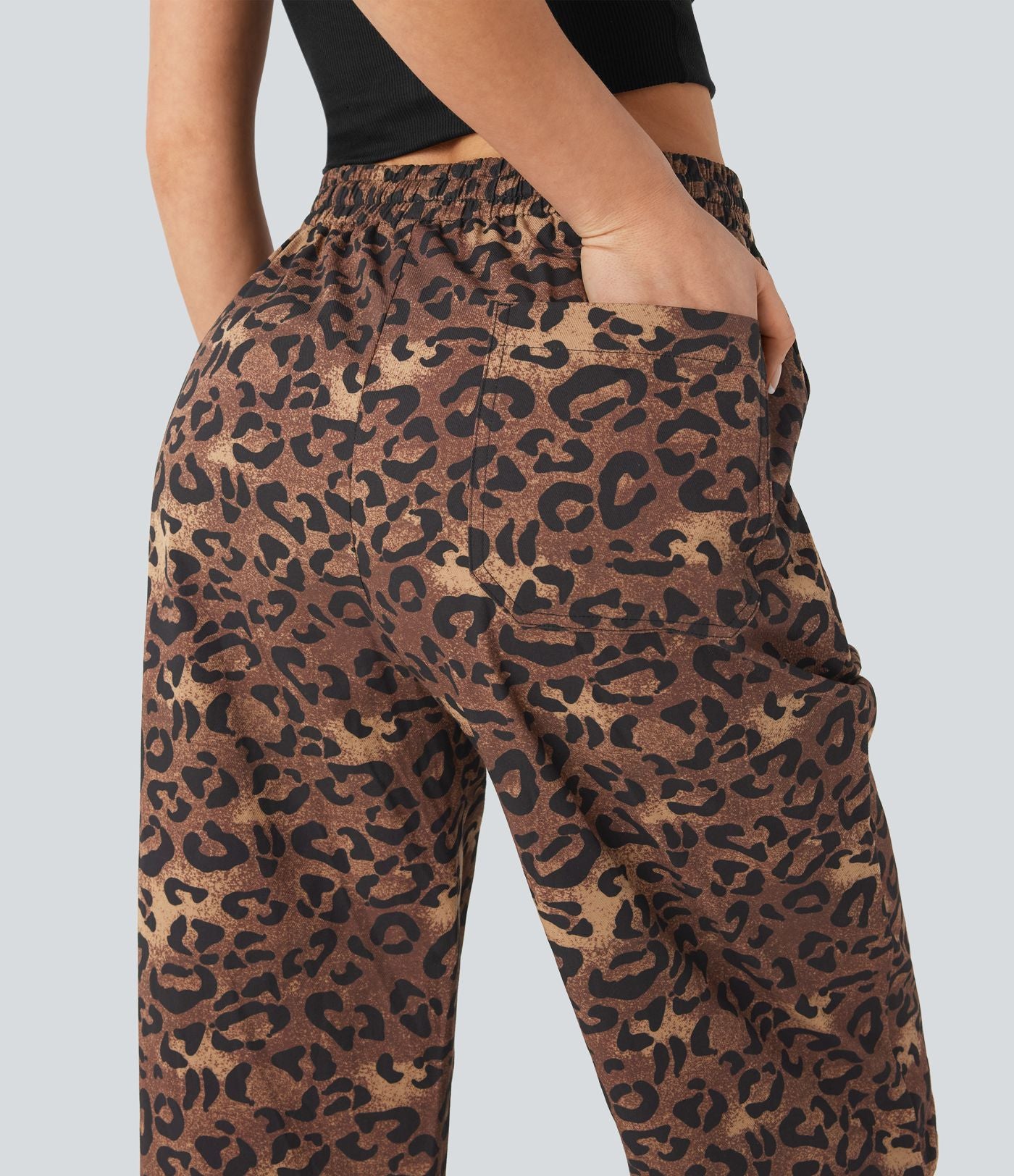 Pantalon casual taille haute cordon jambe droite imprimé léopard avec poches