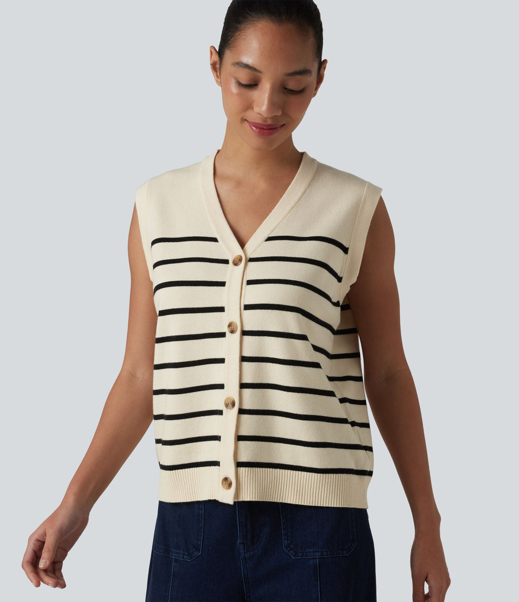 Gilet casual rayé à col V et boutonnière