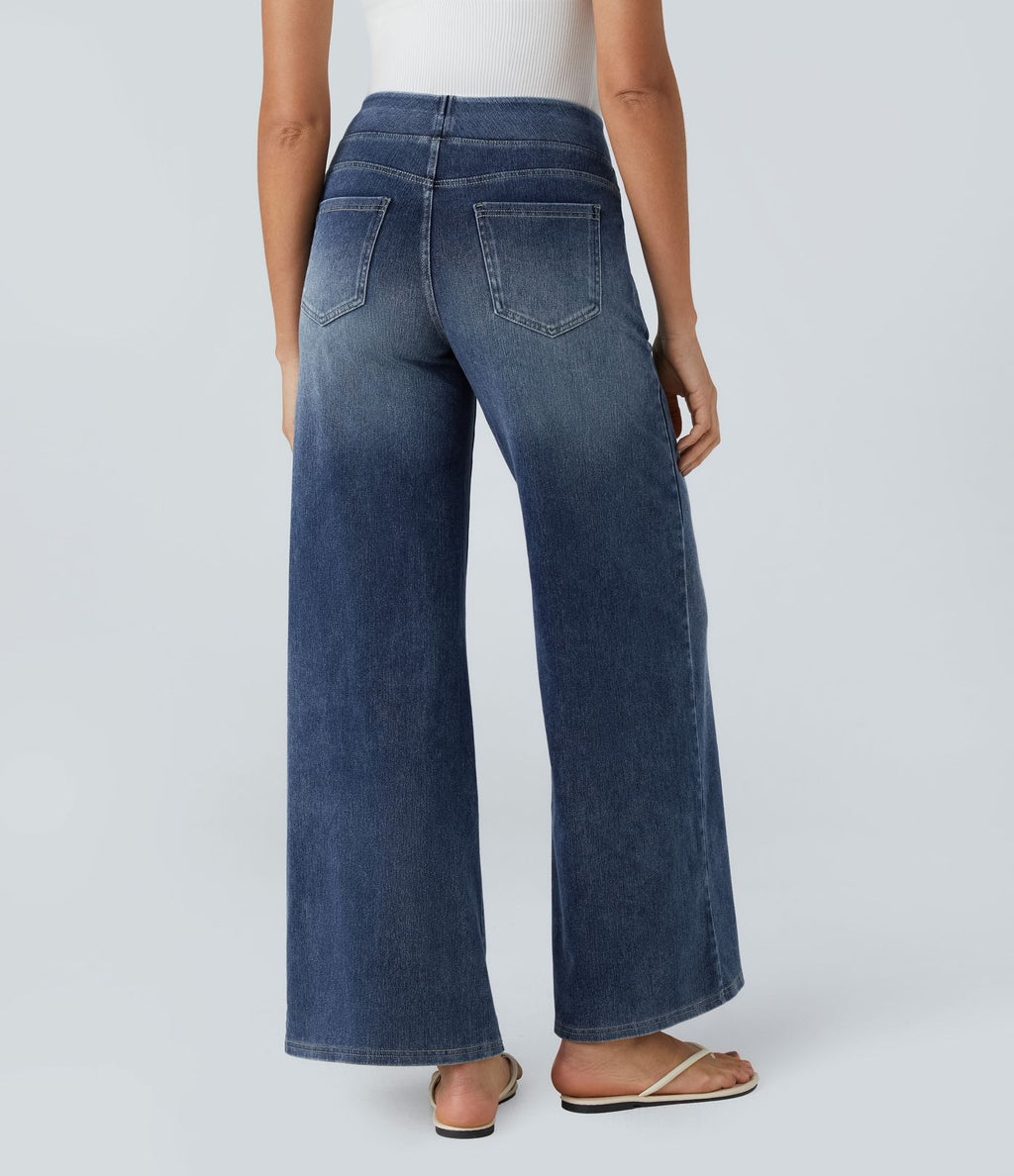 Halara Flex™ Jean Large Casual Taille Haute Poches Multiples Tricot Extensible Délavé