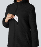 Veste teddy randonnée col montant décontractée avec fermeture éclair et poches