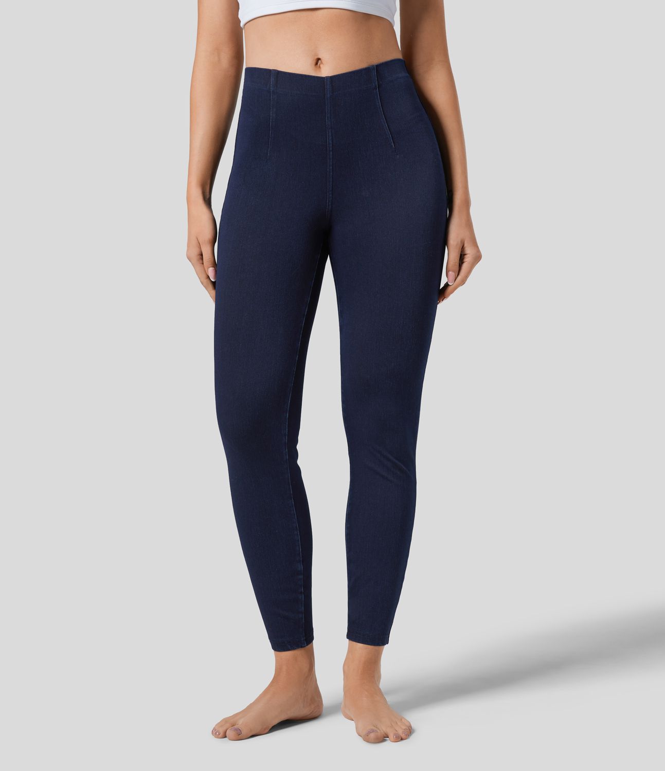 Halara Flex™ Leggings 7/8 Casual en Denim Tricot Extensible Taille Haute avec Dos en Forme de V et Poches Latérales