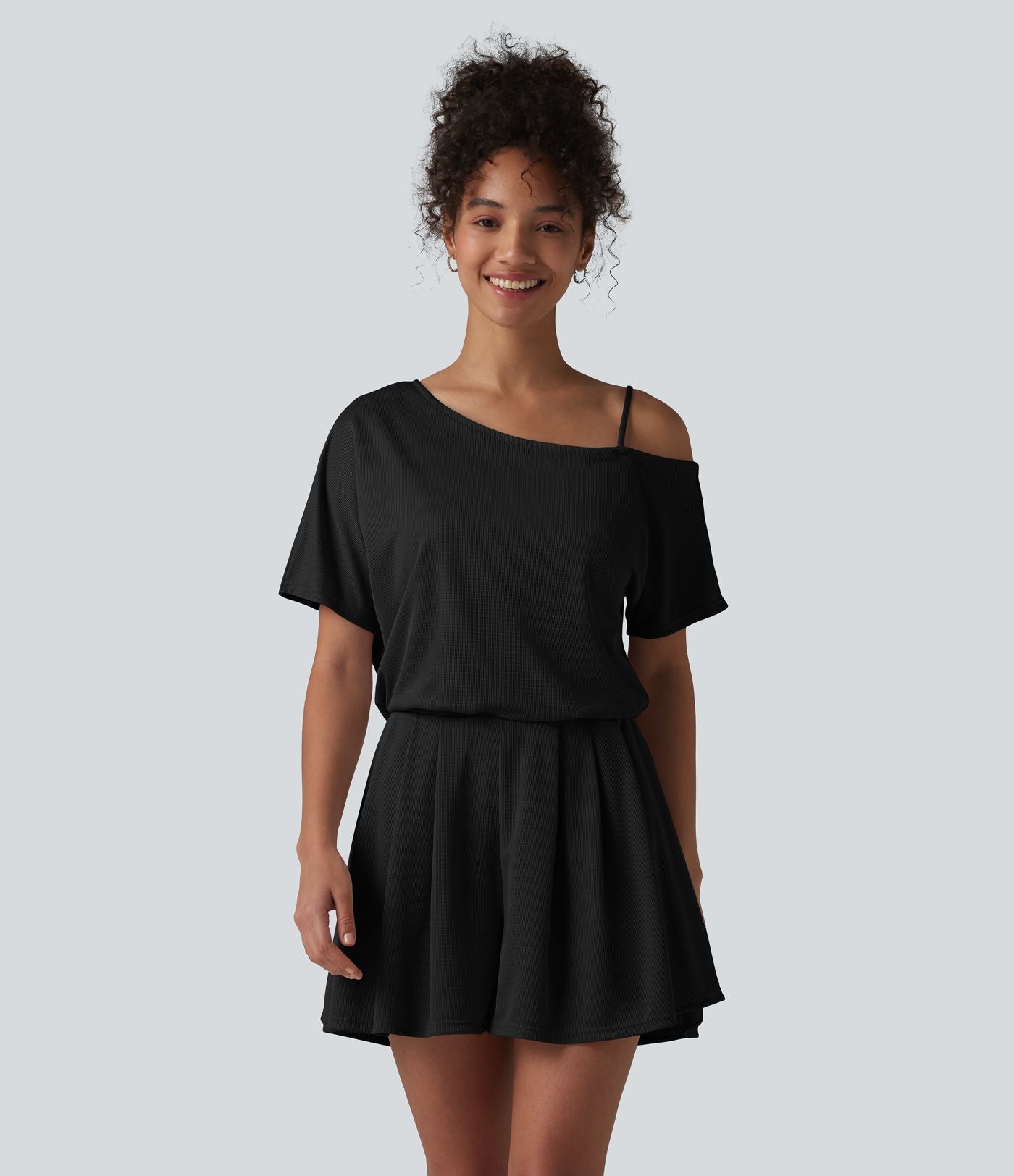 Combishort casual asymétrique manches courtes plissé en nid d'abeille avec poches - Édition Easy Peasy