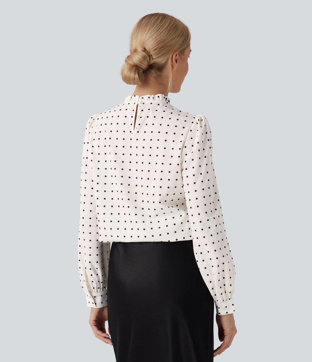 Blouse travail col montant à volants pois manches longues