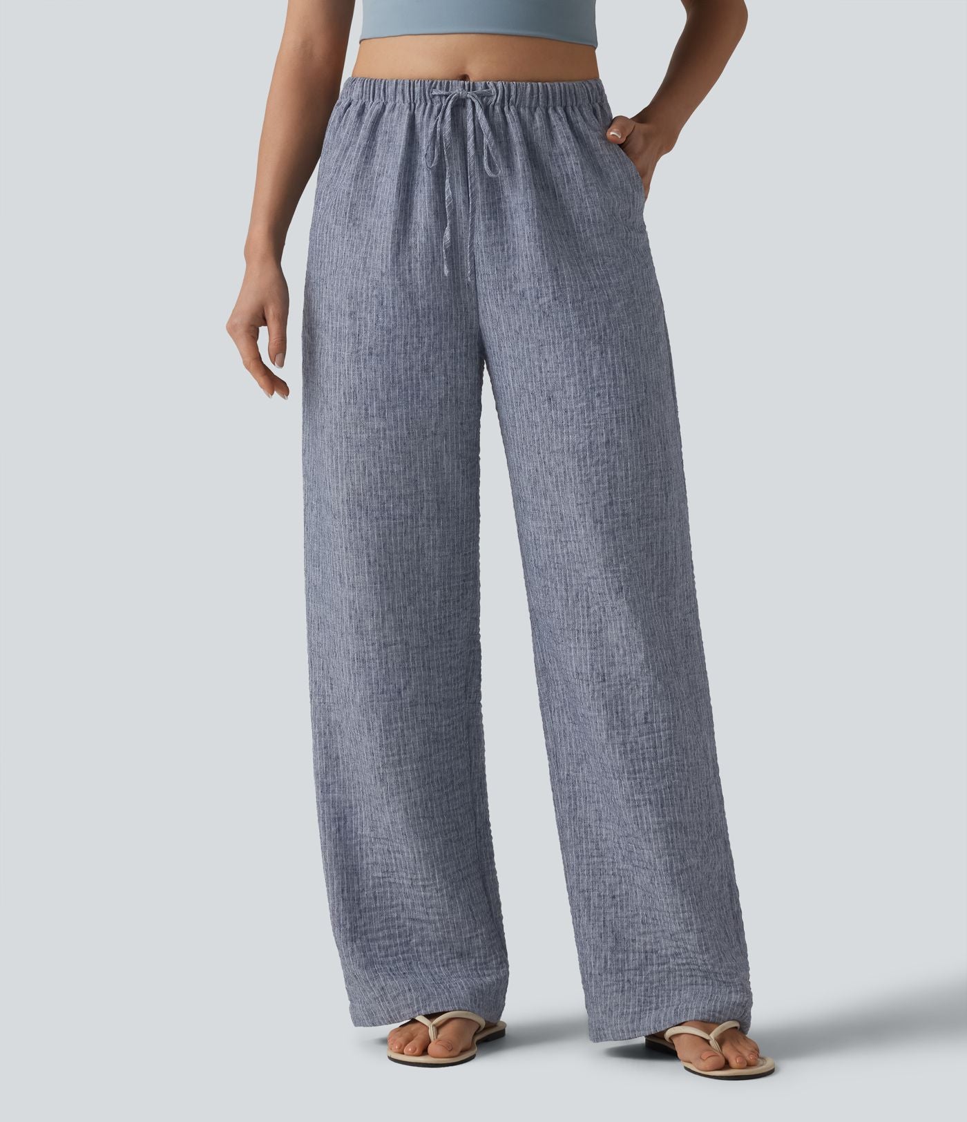 Pantalon décontracté ample rayé taille mi-haute avec cordon de serrage et poches