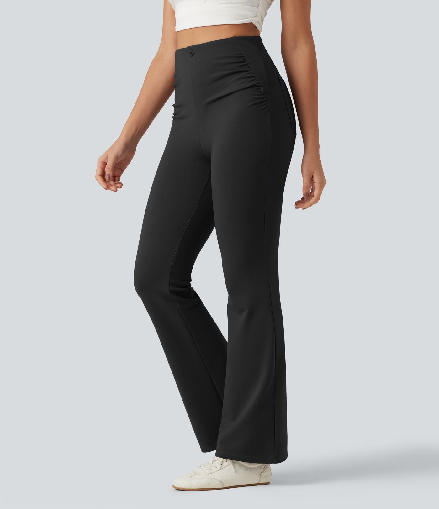 Pantalon de golf flare taille haute froncé avec poches et porte-tees