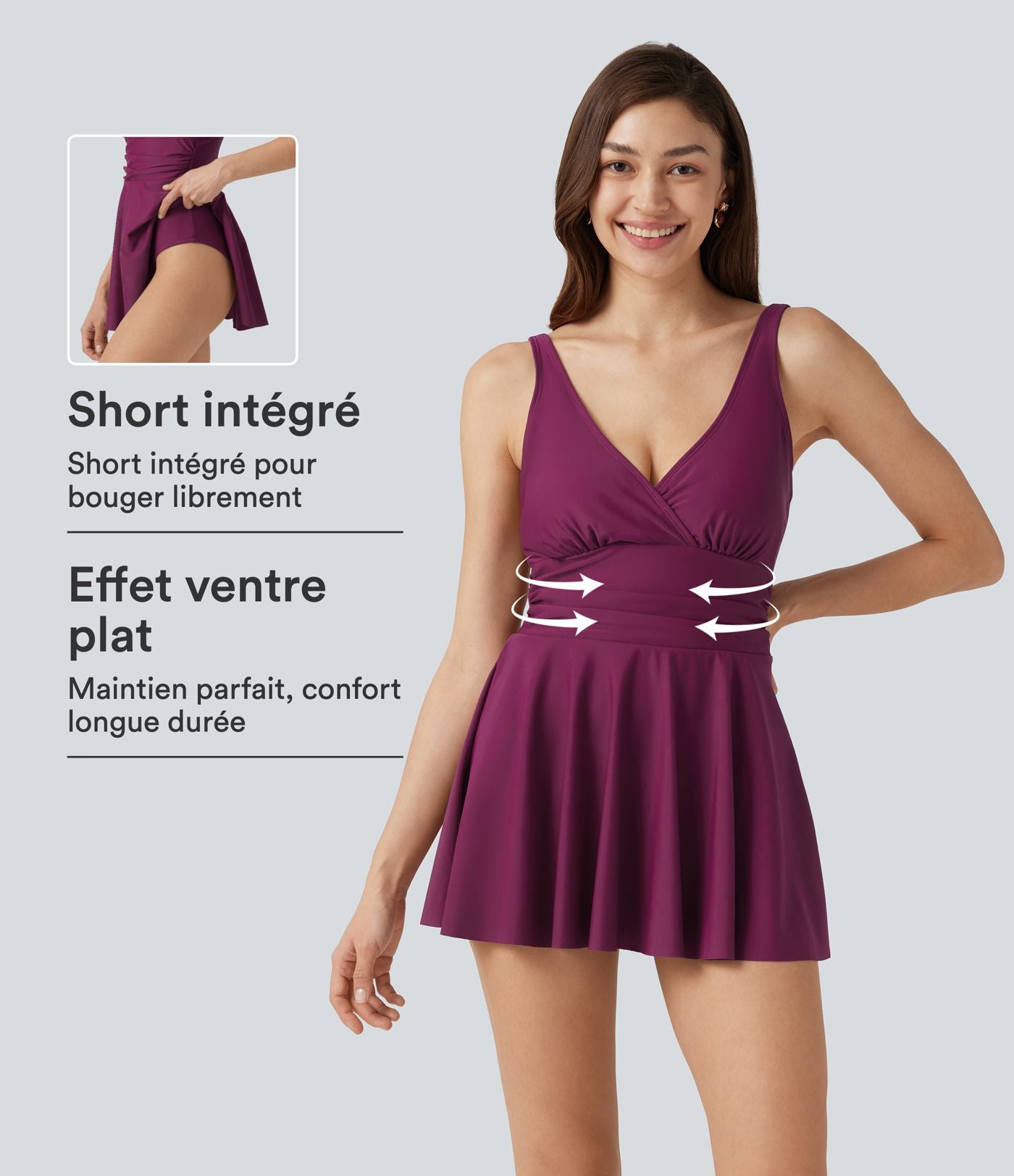 Maillot de bain robe une pièce décolleté en V, effet ventre plat, avec culotte intégrée