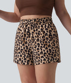 Short grande taille taille haute imprimé léopard avec cordon de serrage et poches