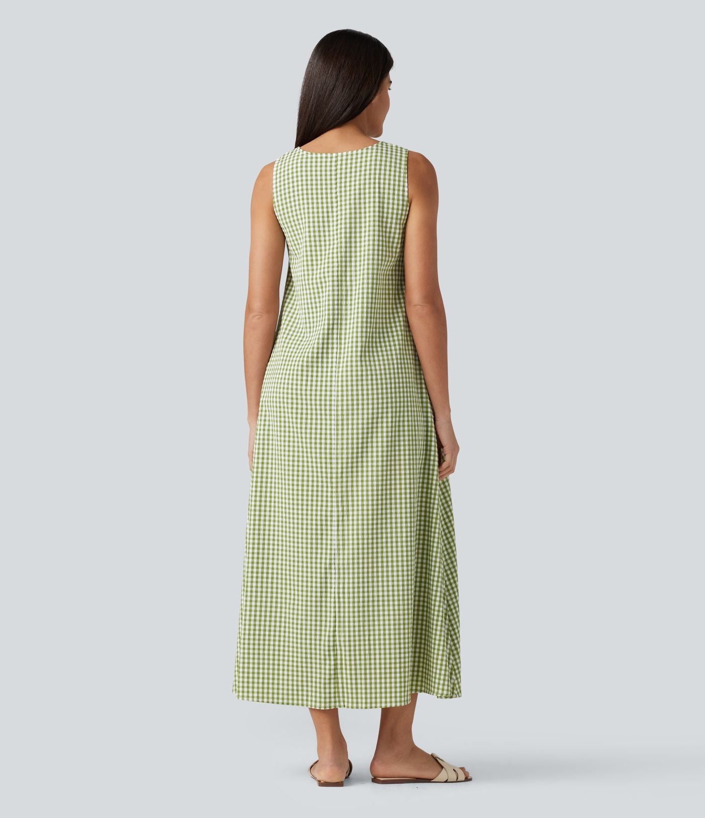 Robe débardeur midi décontractée col rond sans manches en vichy froissé avec poches