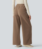 Pantalon large décontracté en polaire taille haute avec cordon de serrage et poches
