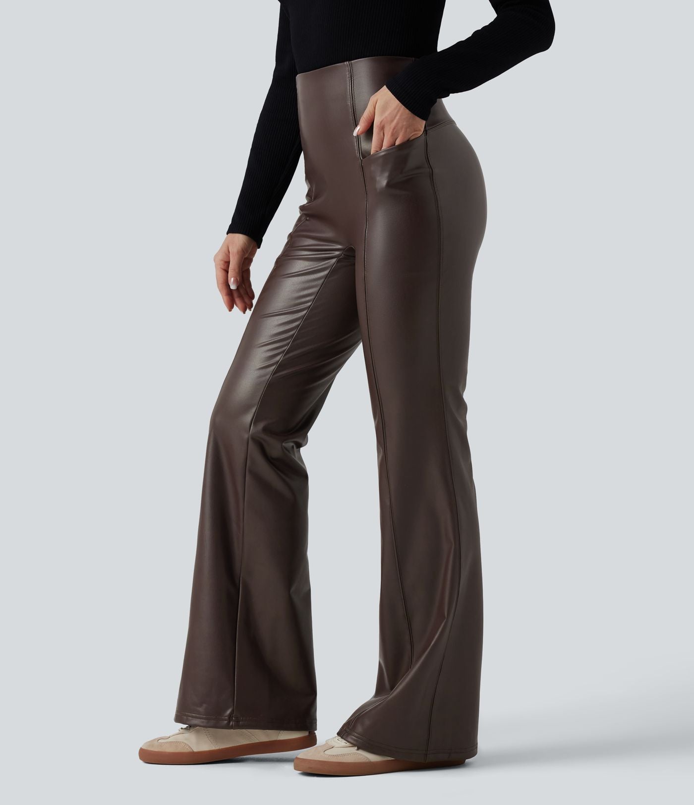 Pantalon évasé décontracté taille haute gainant en molleton PU extensible avec poches
