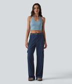 Jean droit cargo casual Halara Flex™ taille mi-haute en lyocell drapé délavé avec poches