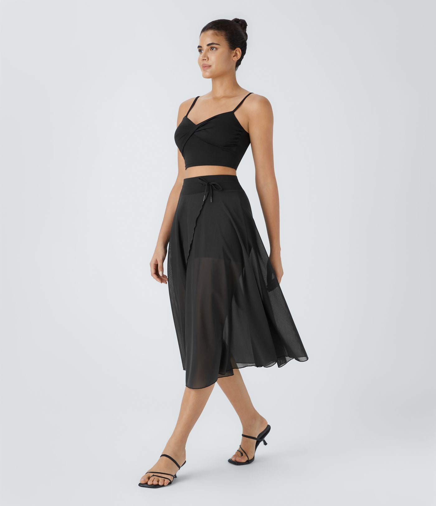 Jupe Casual Évasée Mesh Mi-Longue Fuide 2 en 1 Contrastée Taille Haute Cordon Poche Latérale