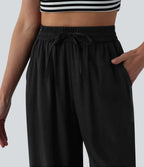 Pantalon casual large fluide mélange lin taille haute avec cordon de serrage et poches
