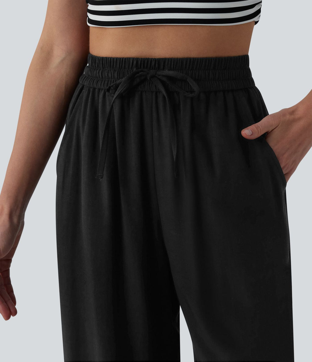 Pantalon casual large mélange lin taille haute avec cordon de serrage et poches