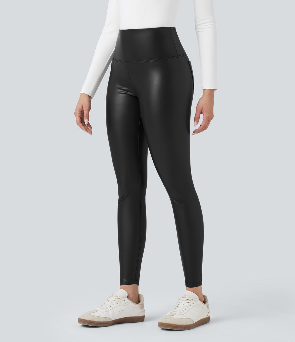 Pantalon 7/8 moulant décontracté polaire gainant taille haute extensible effet cuir avec poches