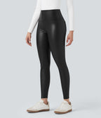 Pantalon 7/8 moulant décontracté polaire gainant taille haute extensible effet cuir avec poches