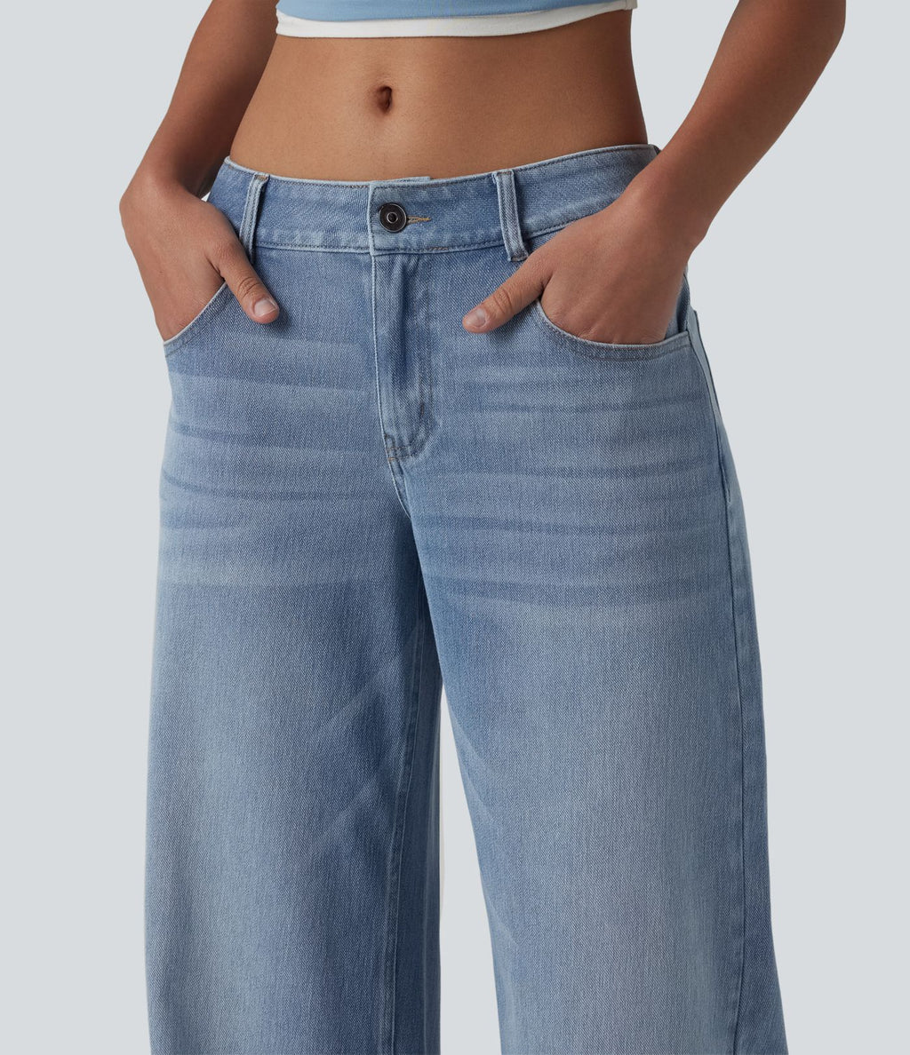 Halara Flex™ Jean Large Casual Taille Basse avec Boutons Zip Multiples Poches Lavés Élastiques et Tricotés