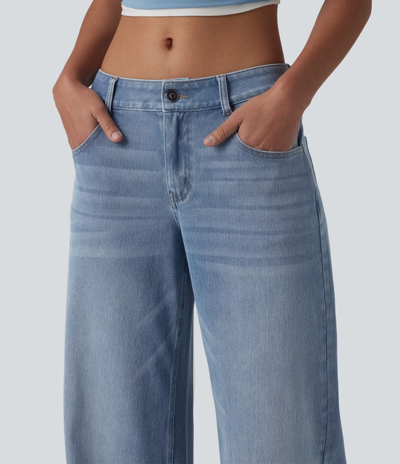 Halara Flex™ Jean Large Casual Taille Basse avec Boutons Zip Multiples Poches Lavés Élastiques et Tricotés